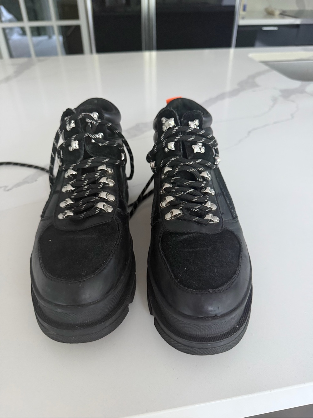 Aqua Women’s Black Chunky Lace-Up Moto Boots with Orange Tab